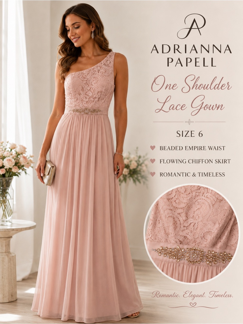 Adrianna Papell One-Shoulder Lace Gown blush pink lace chiffon size 6 bridesmaid